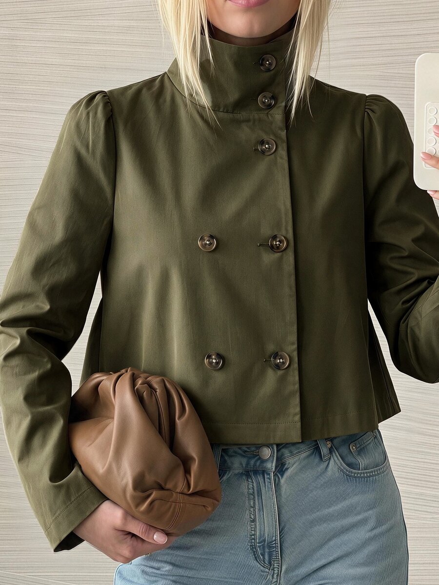 SHEIN EZwear 卡其色梭織鈕扣前襟女款風衣,適合辦公商務、秋季優雅休閒,教師節穿搭 - 軍綠色 - 查看 1