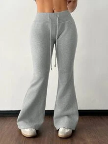CovetEZ Autumn/Winter Solid Color Thickened Casual Lace-Up Plus Size Flare Pants - Grey - View 5