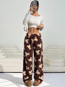 Solflare Plus Size Bear Print Warm Fuzzy Pants, Winter Brunch Bussines Dinner Lounge Office Beige Casual - Chocolate Brown - View 3