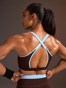 Powerista Women's Brown & Blue Color Block Back Hook Tight-Fit Sports Bra With Removable Padding - Brown - View 1