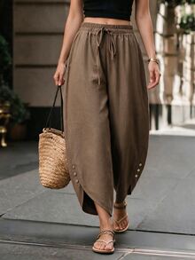 Linhara CURVE Quần short linen dáng rộng size lớn cho nữ, quần harem lưng chun dây rút, cúc bên hông, phong cách thường ngày, chiều dài ngắn, có túi, mùa thu - Cà phê nâu - Xem 5