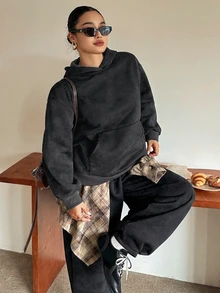 Dazy Plus Hooded Girl Casual Korean Style Thermal Lined Loose Sweatshirt And Sweatpants 2 Pieces Set - Dark Grey - View 10