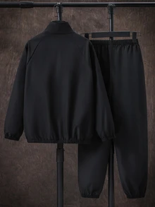 SHEIN Tween Boy Colorblock Long Kids Sleeve Jacket And Pants Casual Everyday Outfit - Black - View 3