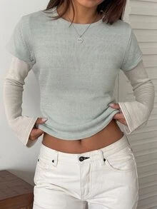 Livesso Women's Sweet Fashion Patchwork Long Sleeve Sweater - Baby Blue - View 3