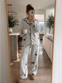Livesso Women's Cartoon Animal Long Sleeve Single-Breasted Top And Pants Pajama Set - Grey - View 10