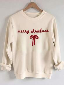 EMERY ROSE 秋冬款「Merry Christmas」落肩休閒運動上衣，蝴蝶結設計運動上衣，基督教主題秋季衛衣 - 杏色 - 查看 3