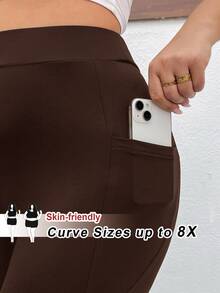 SHEIN CURVE+ 大尺碼女款黑色彈性修身運動七分褲 親膚材質（附手機口袋） - 棕色 - 查看 9
