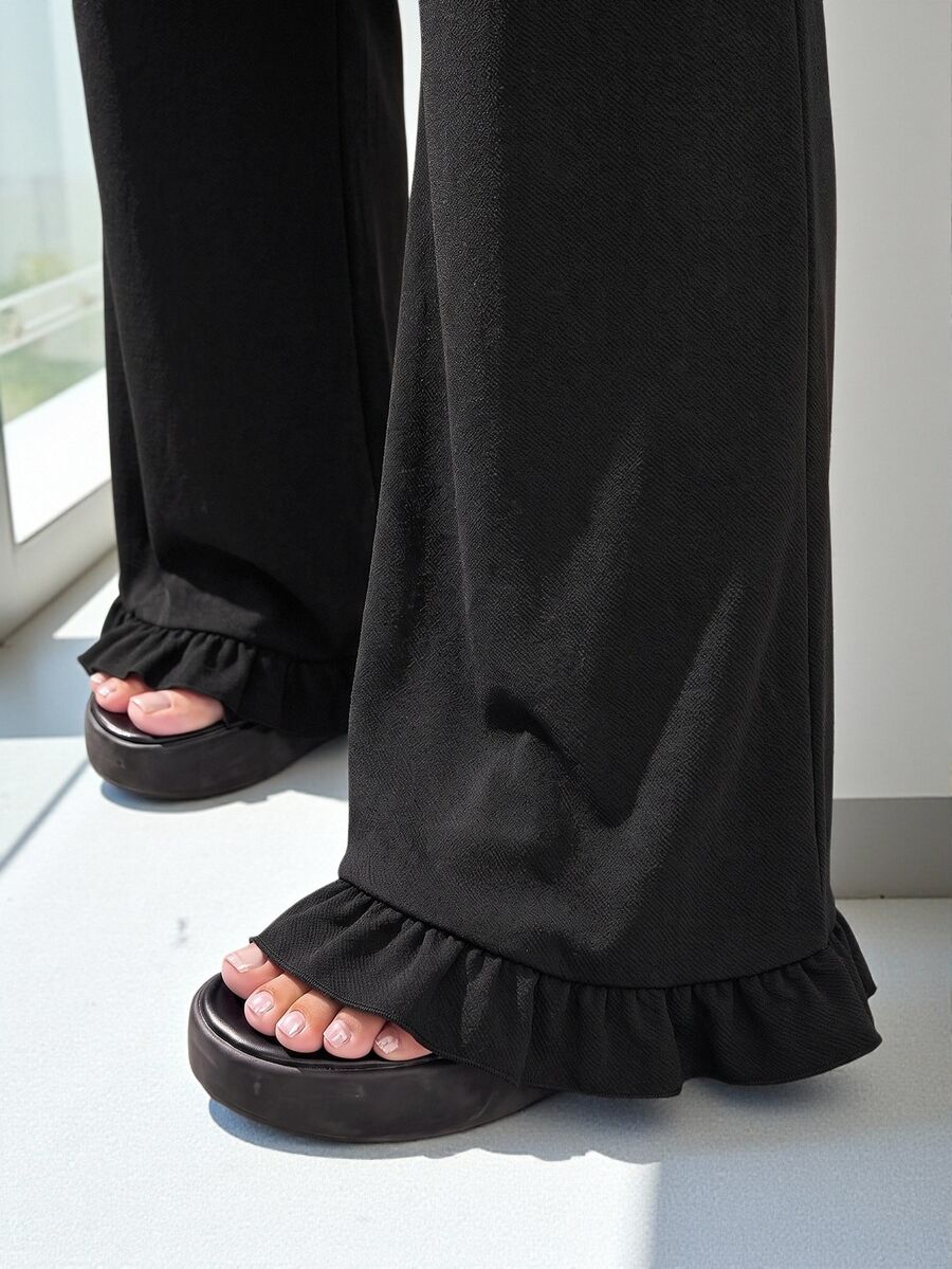 Solflare Plus Size Ruffle Hem Casual Pants For Vacation - Black - View 1