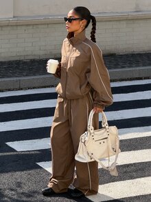Muchica Women's Autumn/Winter New Brown Plaid Casual Loose Jacket & Pants Set For Going Out, Streetwear - Brown - View 7
