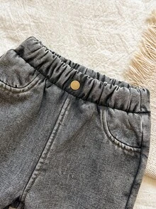 Vintaside Kids 1件男嬰款刷毛內裡丹寧牛仔褲，學院風酸洗灰色羊羔絨內裡，鬆緊腰頭加厚戶外冬季度假寬鬆牛仔長褲 - 黑色 - 查看 3