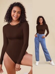 SHEIN BASICS 1件純色修身T恤連身衣/春夏女款日常居家服 白色極簡簡約基礎款 - 棕色 - 查看 5