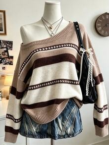 Collagica Collagica Women's Plus Size Asymmetrical Shoulder Colorblock Casual Daily Knit Top - Khaki - View 1