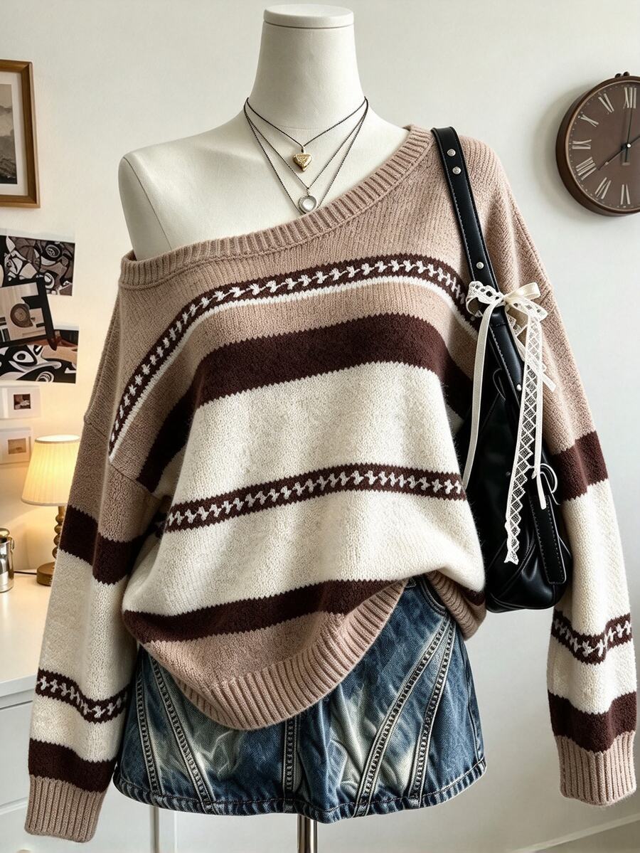 Collagica Collagica Women's Plus Size Asymmetrical Shoulder Colorblock Casual Daily Knit Top - Khaki - View 1