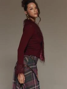 MUSERA Áo cardigan cổ thấp viền lông xù màu đỏ cho mùa thu đông, đi chơi, hẹn hò, Giáng sinh và ngày lễ - Màu Đỏ Sâu - Xem 4