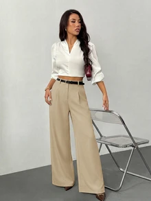 SHEIN PETITE 女款小碼黑色寬腿褲附腰帶，高腰優雅大方，適合職場、學校、辦公室、休閒通勤，秋季商務教師節褲裝 - 駝色 - 查看 5