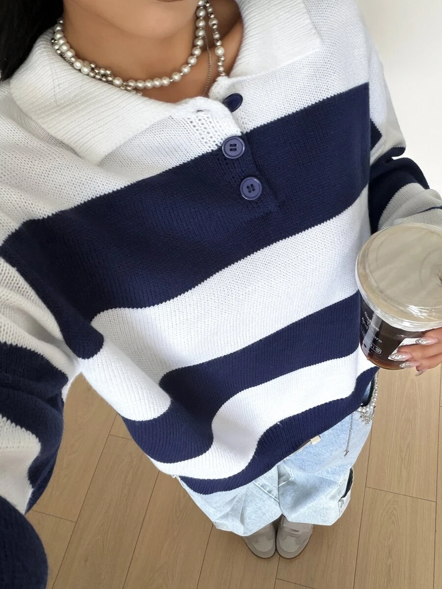 StreetHx Women's Loose Casual Versatile Colorblock Striped Everyday Commute Cool Outfit Collared Half-Button Pullover Sweater Autumn/Winter - Black and White - View 1