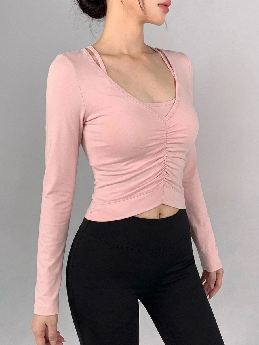 DAZY Women's Solid Color Pleated Casual Daily Travel Sports T-Shirt - Pink - View 1
