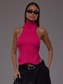 MUSERA Pink Knit Backless Roll Neck Top Autumn Fall Winter Cute Everyday Office Corporate Romance - Hot Pink - View 3