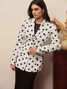 BELROSIE Autumn Black Polka Dot Lapel Elegant Romantic Long Sleeve Blazer - White - View 5