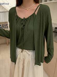 Dazy Plus Korean Style Solid Color Camisole Cardigan Casual Spring/Autumn New Blue 2 Pieces Set Long Sleeve Tops - Army Green - View 6