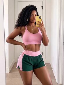SHEIN Core Rhythm Women's Sports Yoga Outdoor Gym Workout Shorts, 2 In 1 Design, Side Geometric Contrast Color, Small Inverted V-Shaped Hem, Inner Lining With Pockets, Wide Waistband With Contrast Color - Multicolor - View 4
