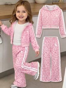SHEIN Baby Girl Leopard Print Hooded Jacket And Striped Colorblock Pants Set - Pink - View 1