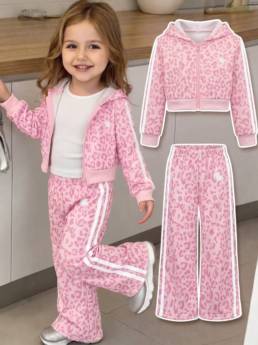 SHEIN Baby Girl Leopard Print Hooded Jacket And Striped Colorblock Pants Set - Pink - View 1