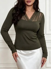 SHEIN LUNE CURVE Plus Size Women's Autumn/Winter Mesh Patchwork Ruched Waist Elegant Sexy Commuter Blouse Fall Dinner Party Black - Army Green - View 3