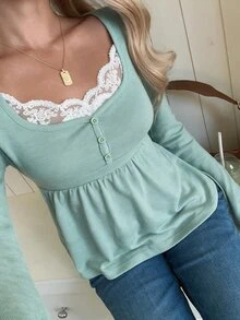 CovetEZ 女款對比蕾絲心形領長袖休閒浪漫蕾絲襯衫，白色，適合早午餐約會，秋季穿著 - 水鴨藍 - 查看 6