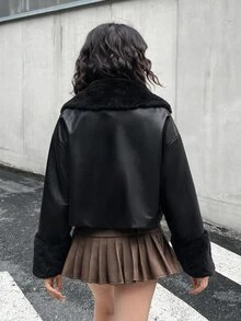 青少年女孩休閒優雅毛絨領夾克，高端2026新款，適合秋冬，耐穿，韓系學院風，休閒百搭純色長袖PU拼接收腰夾克，秋冬必備 - 黑色 - 查看 2