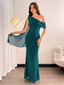 SHEIN Tall 女款優雅純色不對稱肩長洋裝，舞會晚宴正式款，夏季婚禮賓客穿著，深棕色，長版高挑款 - 水鴨藍 - 查看 8