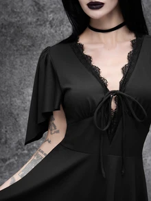 Cryptelle Women's Gothic Lace V-Neck Tie Front Mini Dress Autumn/Winter Black Halloween Party Night Outfit - Black - View 5