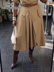 SHEIN CURVE+ Plus Size Autumn/Winter Bodycon Asymmetrical Pleated Skirt - Khaki - View 10