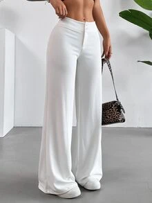 SHEIN Tall CURVE 大尺碼女款純色鈕扣設計寬腿鬆身長褲，休閒通勤褲，舒適秋季款 - 白色 - 查看 3
