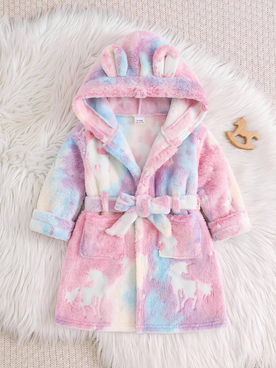 SHEIN Baby Girl Colorful Glow-In-The-Dark Double-Sided Faux Fur Cute 3D Design Hooded Loungewear - Multicolor - View 1