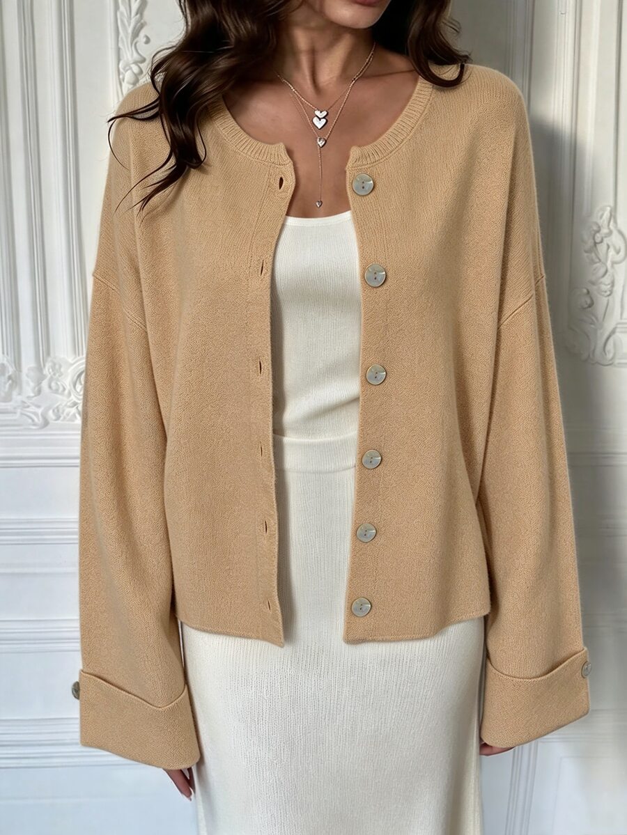 Cévolie Women's Solid Color Dropped Shoulder Long Sleeve Single-Breasted Knit Cardigan - Khaki - View 1