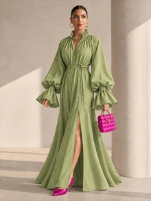 Structelle Women's Casual Raglan Puff Lantern Sleeve Dress With Cuffed Frill Trim, V-Neck Mock Collar With Tie Design, Straight Loose Fit Long Robe Dress - Green - View 6