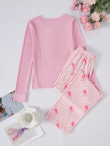 Teen Girl Knight Print Button Half-Placket Long Sleeve Top And Pants Loungewear - Pink - View 2