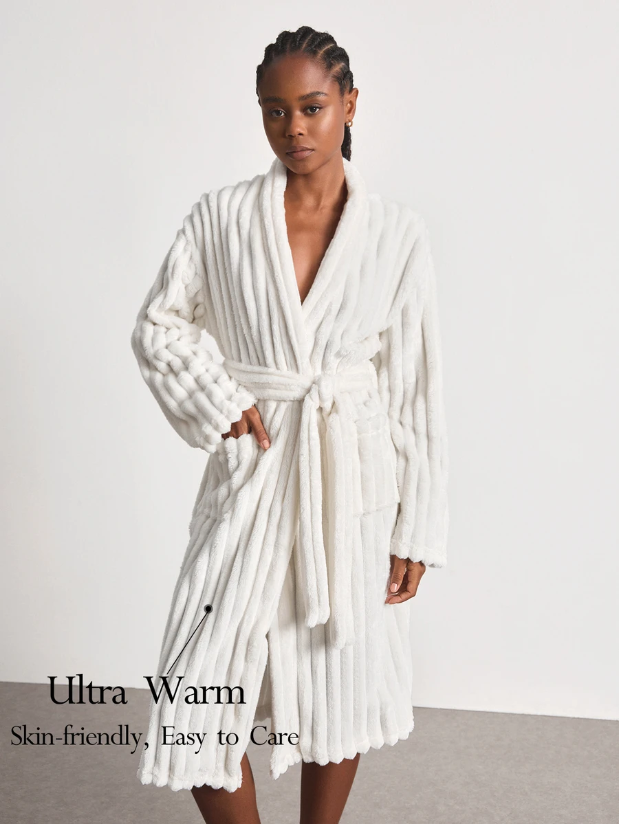 Ocili Double-Sided Wide Stripe Flannel Comfortable Minimalist Soft Robe Women's Loungewear - White - View 1