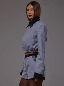 MUSERA Grey Contrast Cropped Blazer Sold Seperately Autumn Fall Winter Cute Everyday Office Corporate Romance - Grey - View 2