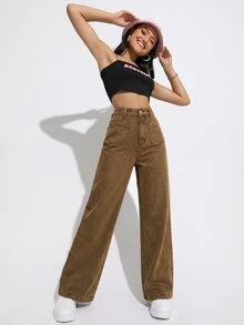 SHEIN EZwear Women's High Waist Brown Fashion Washed Denim Wide Leg Pants - Brown - View 4
