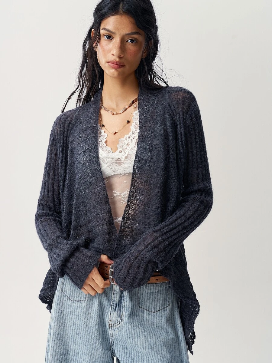 Bohemela Women's Solid Color Long Sleeve Open Front Casual Knit Cardigan - Navy Blue - View 1