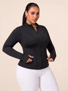 Rhythm Era Plus Size Yoga Long Sleeve Top With Mesh Back, Slimming Running Fitness Jacket, High Elasticity Flattering Yoga Workout Top - Black - View 3