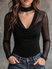 SHEIN LUNE CURVE Women's Early Autumn New Ruched Neck Long Sleeve T-Shirt, Versatile Casual Style - Black - View 1