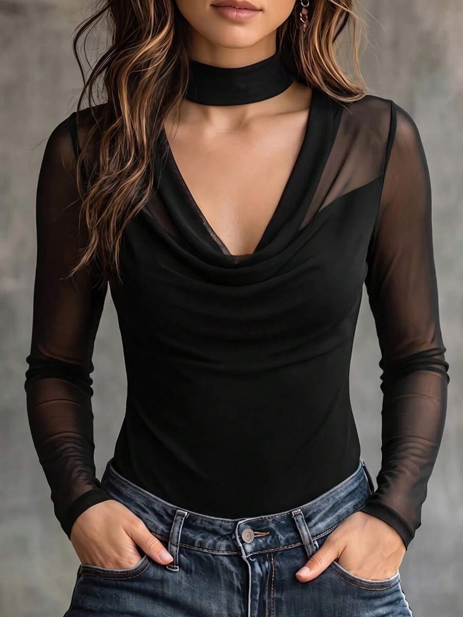 SHEIN LUNE CURVE Women's Early Autumn New Ruched Neck Long Sleeve T-Shirt, Versatile Casual Style - Black - View 1