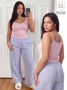 Comfortcana Plus Size Casual Home Lace Patchwork Tank Top And Striped Long Pants 2 Pieces Set - Pink - View 2