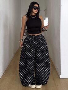 POPSWAY Plus Size Casual Street Retro Polka Dot Print Loose Wide Leg Pants - Elastic Waist Design Long Black Sweatpants Suitable For Autumn Long Pants Spring Long Pants Daily Wear Outings Home Wear - Multicolor - View 1