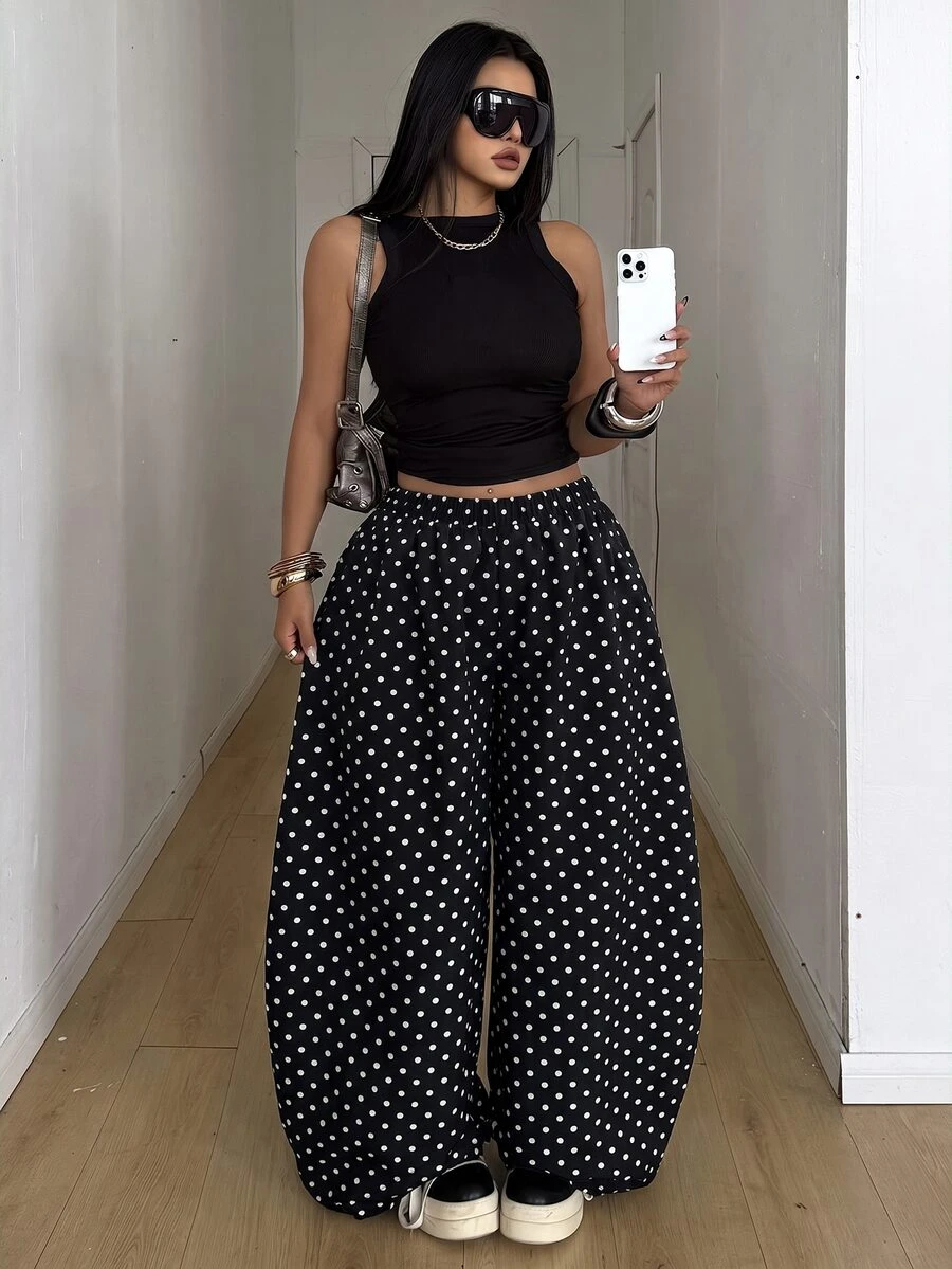 POPSWAY Plus Size Casual Street Retro Polka Dot Print Loose Wide Leg Pants - Elastic Waist Design Long Black Sweatpants Suitable For Autumn Long Pants Spring Long Pants Daily Wear Outings Home Wear - Multicolor - View 1