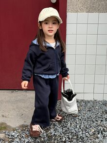 DAZY Infant (Girl) Plaid Patchwork Long Sleeve Autumn/Winter 2 Pieces Sweatshirt Set - Navy Blue - View 7
