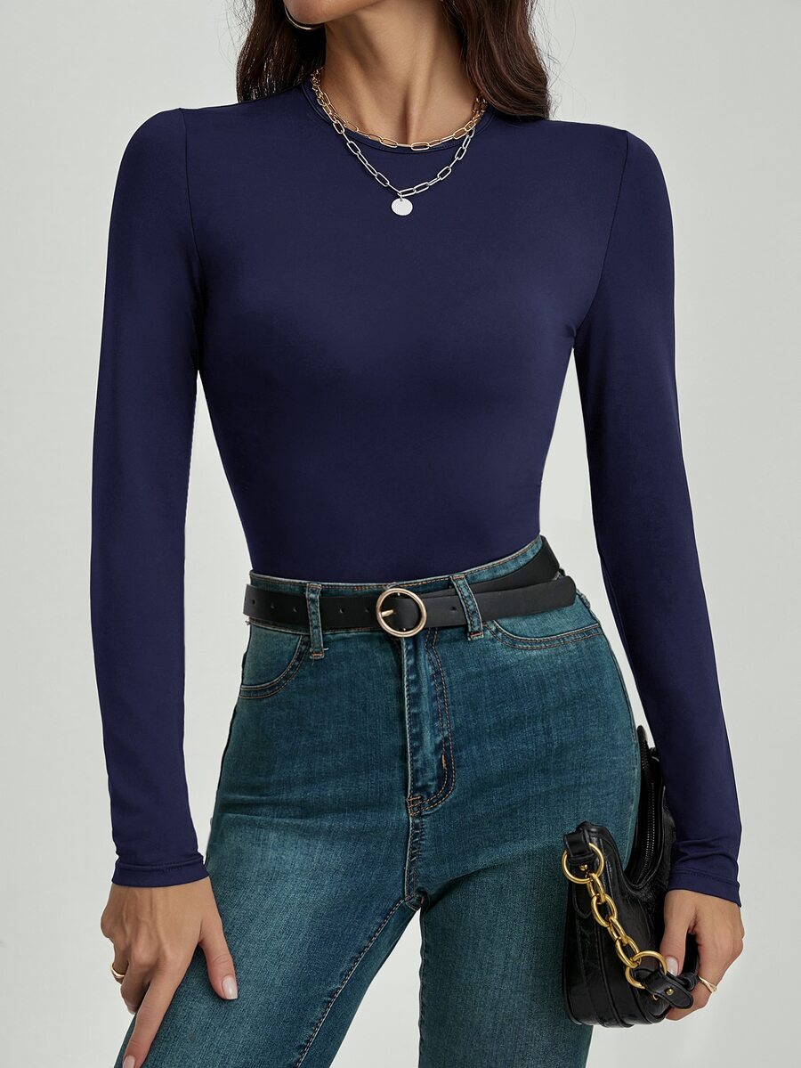 SHEIN Tall 素色修身春季女款連身衣，適合高個女性 - 藏蓝色 - 查看 1